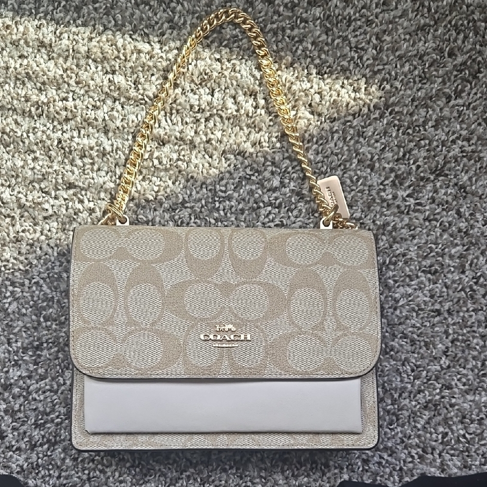 Coach Tan and Cream Shoulder Bag with Gold Chain